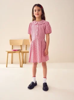 Schoolkleding*Next - Katoenrijke, gegolfde kraag, ruitjesjurk voor school (3-14jr) Rood