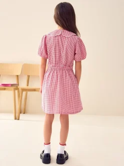 Schoolkleding*Next - Katoenrijke, gegolfde kraag, ruitjesjurk voor school (3-14jr) Rood