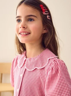 Schoolkleding*Next - Katoenrijke, gegolfde kraag, ruitjesjurk voor school (3-14jr) Rood