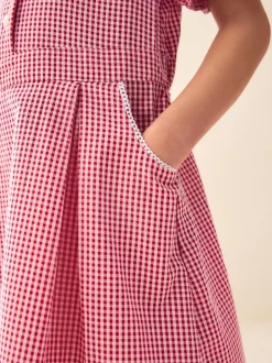 Schoolkleding*Next - Katoenrijke, gegolfde kraag, ruitjesjurk voor school (3-14jr) Rood
