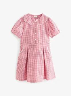 Schoolkleding*Next - Katoenrijke, gegolfde kraag, ruitjesjurk voor school (3-14jr) Rood