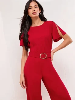 Jumpsuits En Playsuits|Gelegenheidskleding|Lipsy Rood - Hardware Belted Short Sleeve Jumpsuit