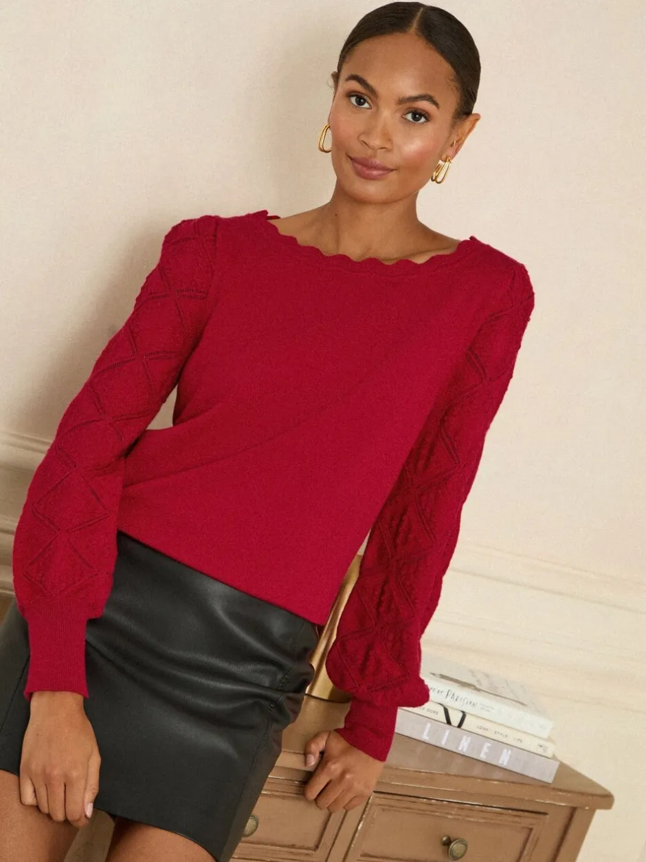 Gebreide Kleding|Love & Roses Rood - gebreide trui met noppensteek en geschulpte rand