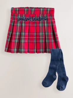 Shorts En Rokken|Next Rood - Tartan Bow Skirt with Navy Tights (3mths-7yrs)
