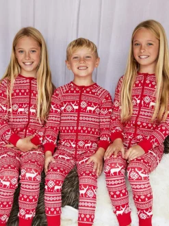 Nachtkleding En Pyjama's|Pyjama's|The Little Tailor - Kids Rendier kerstmis fair isle-patroon 100% katoen alles-in-één Rood