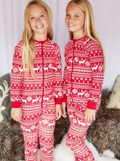 Nachtkleding En Pyjama's|Pyjama's|The Little Tailor - Kids Rendier kerstmis fair isle-patroon 100% katoen alles-in-één Rood