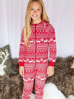 Nachtkleding En Pyjama's|Pyjama's|The Little Tailor - Kids Rendier kerstmis fair isle-patroon 100% katoen alles-in-één Rood