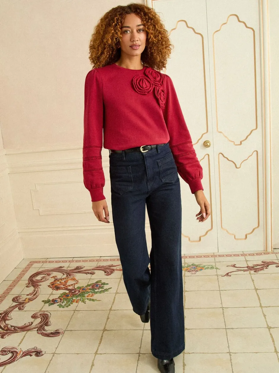 Hoody's En Sweatshirts*Love & Roses Rood corsagedetail - - Jersey sweatshirt met ronde hals