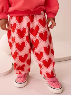 Broeken En Leggings|Next Rood met hartjesprint - Broek met structuur en wijde kortere pijpen (3mnd -7jr)
