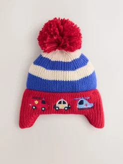 Mutsjes En Antikrabwantjes|Mutsen, Handschoenen En Sjaals*Next - Beanie-muts met oorbedekking en pompon (3mnd -10jr) Rood/blauw met hulpvoertuigenprint