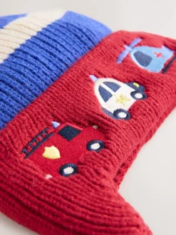 Mutsjes En Antikrabwantjes|Mutsen, Handschoenen En Sjaals*Next - Beanie-muts met oorbedekking en pompon (3mnd -10jr) Rood/blauw met hulpvoertuigenprint