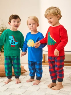 Pyjama's*Next Rood/blauw/groen geruite dinosaurus - Pyjama met geweven onderkant 3 Pack (9mths-12yrs)