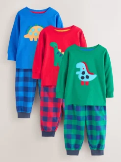 Pyjama's*Next Rood/blauw/groen geruite dinosaurus - Pyjama met geweven onderkant 3 Pack (9mths-12yrs)