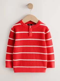 Truien En Breisels|Next - Knitted Stripe Henley Jumper (3mths-7yrs) Rood/ecru