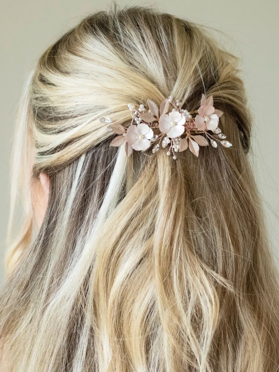 Haaraccessoires*Ivory & Co - - Gardenia klem met kristallen, parels en geëmailleerde bloem Roségoudkleurig