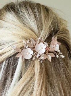 Haaraccessoires*Ivory & Co - - Gardenia klem met kristallen, parels en geëmailleerde bloem Roségoudkleurig