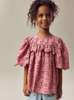 Overhemden En Blouses|Next Roze - 100% katoenen broderie blouse met ruches (3-16jaar)