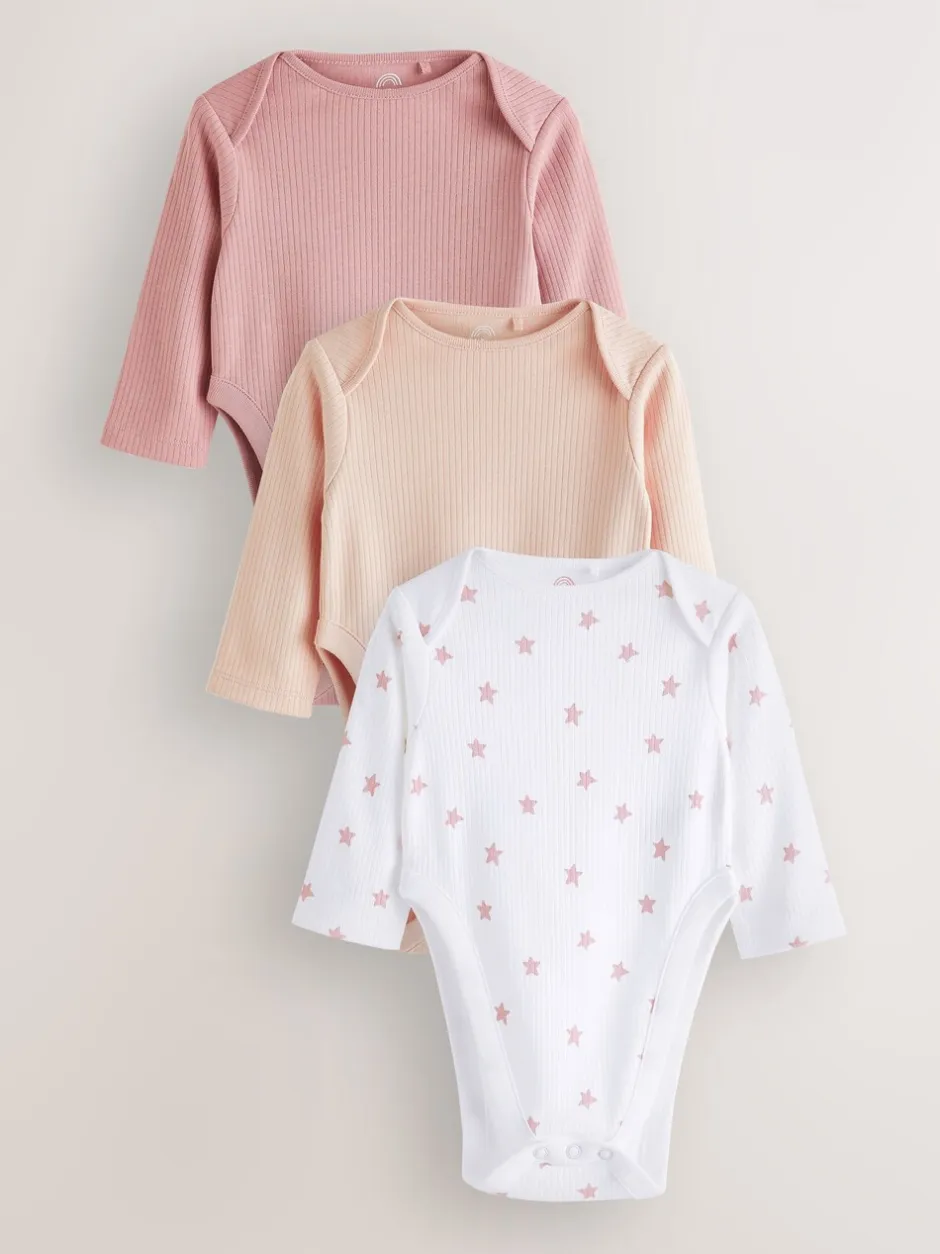 Rompertjes En Hemdjes|Next Roze - 3 Pack Hip Dysplasia Long Sleeve Baby Bodysuits