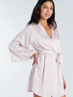 Badjassen*Boux Avenue - Kaya Lace Trim Satin Robe Roze