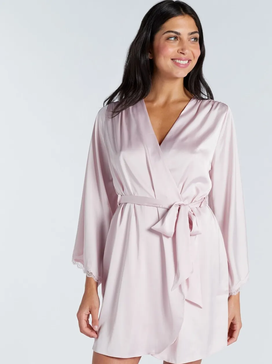 Badjassen*Boux Avenue - Kaya Lace Trim Satin Robe Roze