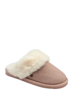 Pantoffels|Dunlop - Faux Suede Mule Slippers Fur Collar Roze