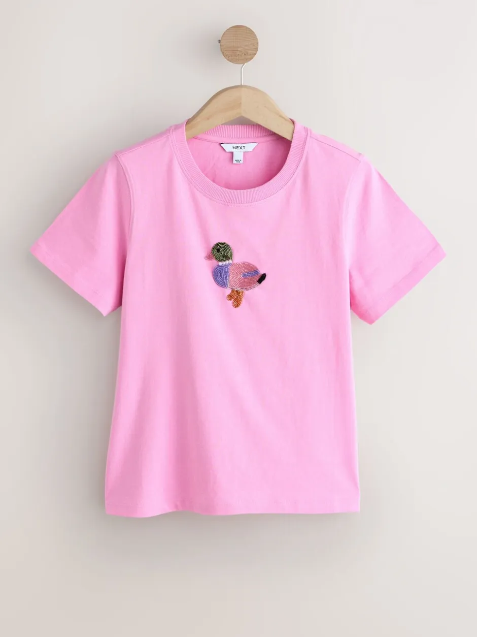 Tops En T-Shirts*Next Roze - Embellished Duck Short Sleeve Crew Neck Top