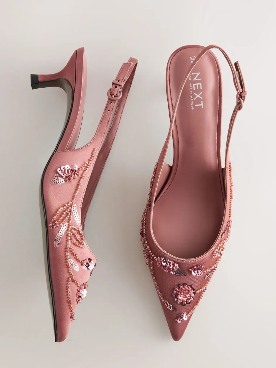 Schoenen Met Hakken|Next - Forever Comfort satijnen slingbacks met kralen en hakje Roze