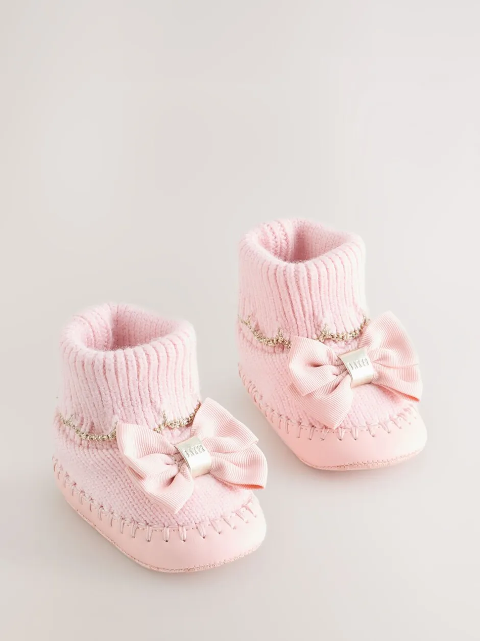 Boots|Baker by Ted Baker - Gebreide padderslaarsjes met geschulpte rand voor babymeisjes met strik Roze