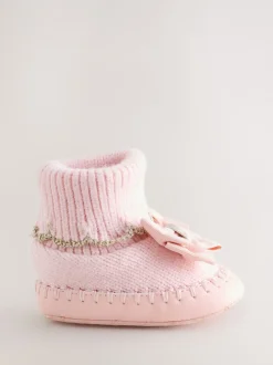 Boots|Baker by Ted Baker - Gebreide padderslaarsjes met geschulpte rand voor babymeisjes met strik Roze