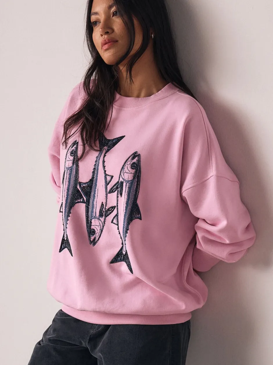 Hoody's En Sweatshirts|Next Roze - Graphic Beaded Fish Graphic Sweatshirt
