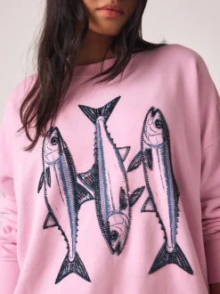 Hoody's En Sweatshirts|Next Roze - Graphic Beaded Fish Graphic Sweatshirt