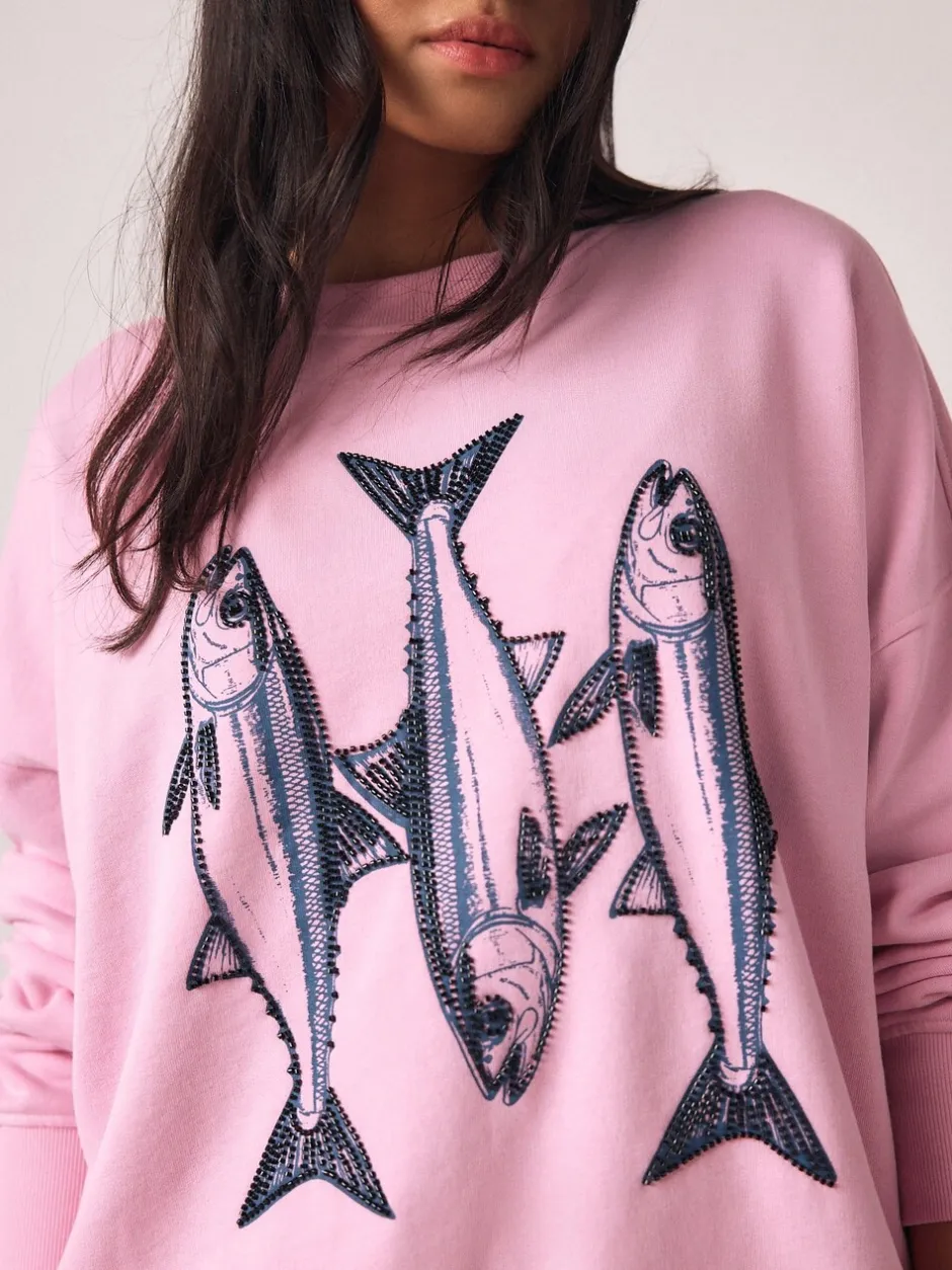 Hoody's En Sweatshirts|Next Roze - Graphic Beaded Fish Graphic Sweatshirt