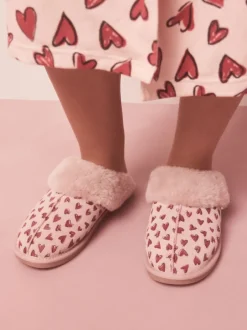Pantoffels*Next Roze - Heart Faux Fur Lined Suede Mule Slippers