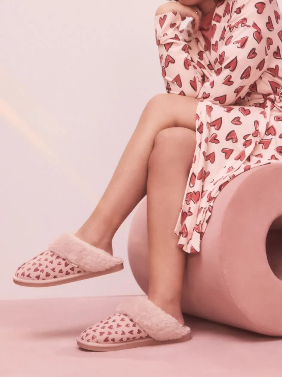 Pantoffels*Next Roze - Heart Faux Fur Lined Suede Mule Slippers
