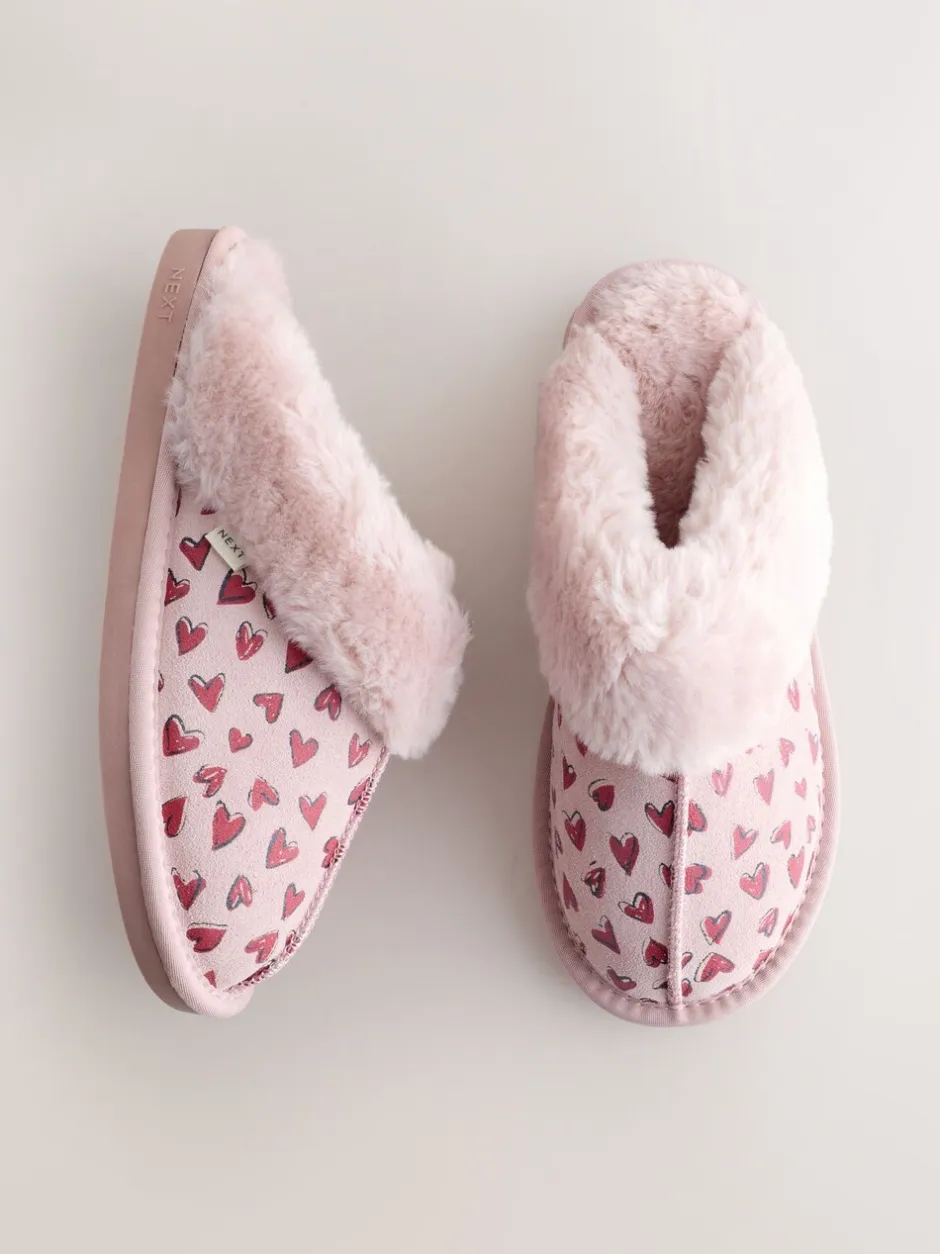 Pantoffels*Next Roze - Heart Faux Fur Lined Suede Mule Slippers