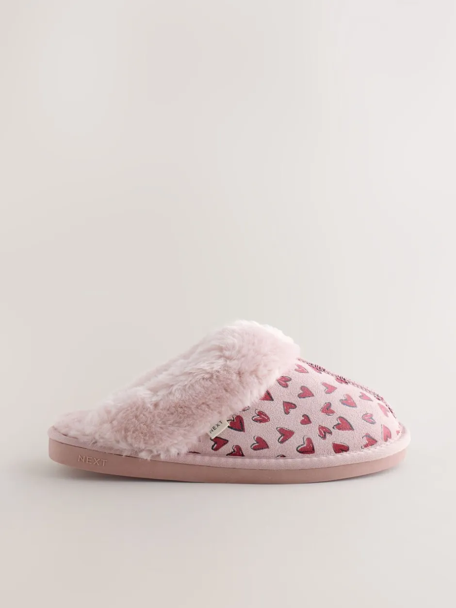 Pantoffels*Next Roze - Heart Faux Fur Lined Suede Mule Slippers