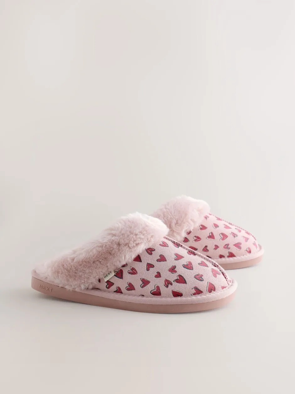 Pantoffels*Next Roze - Heart Faux Fur Lined Suede Mule Slippers