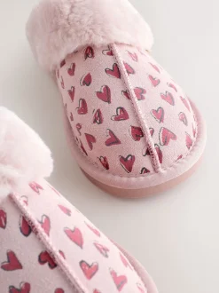 Pantoffels*Next Roze - Heart Faux Fur Lined Suede Mule Slippers