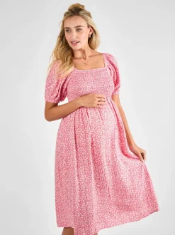 Moederschap*Jojo Maman Bébé - gesmokte midi-zwangerschapsjurk met bloemenprint Roze