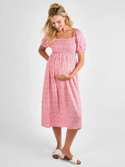 Moederschap*Jojo Maman Bébé - gesmokte midi-zwangerschapsjurk met bloemenprint Roze