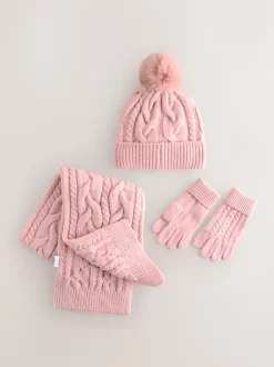 Mutsen, Handschoenen En Sjaals|Next - Kabelmuts, sjaal en handschoenenset (3-16jr) Roze