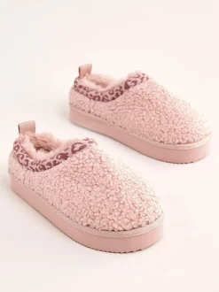 Pantoffels*Lipsy - EVA pantoffels met luipaardprint afwerking, borg en fluffy slip-on Klomp Roze
