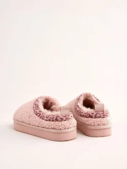 Pantoffels*Lipsy - EVA pantoffels met luipaardprint afwerking, borg en fluffy slip-on Klomp Roze