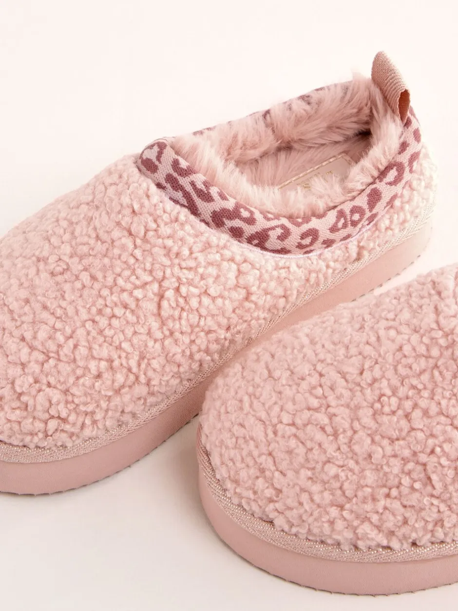 Pantoffels*Lipsy - EVA pantoffels met luipaardprint afwerking, borg en fluffy slip-on Klomp Roze