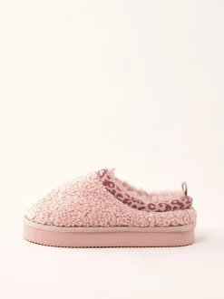 Pantoffels*Lipsy - EVA pantoffels met luipaardprint afwerking, borg en fluffy slip-on Klomp Roze