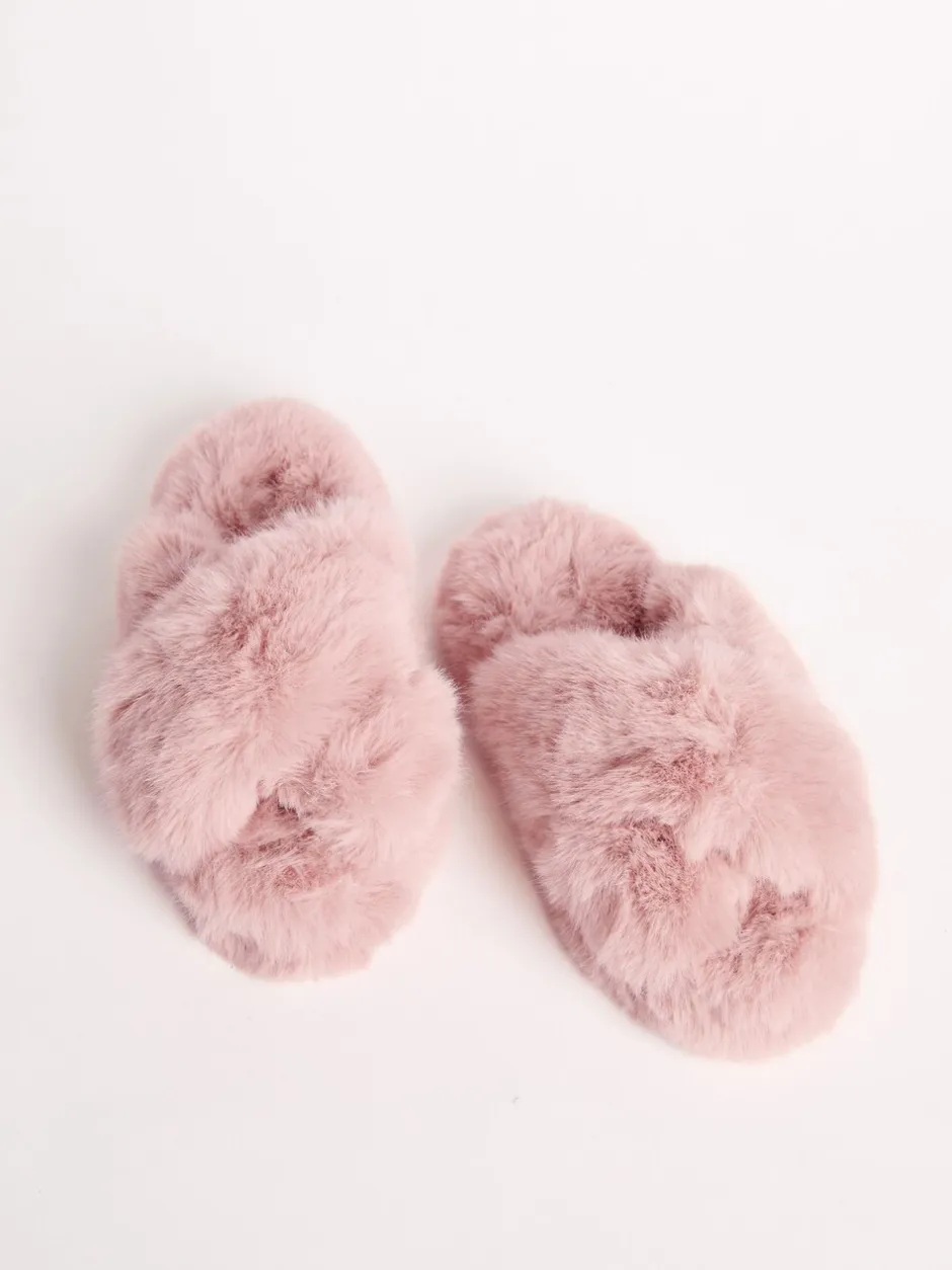 Pantoffels|Lipsy - pantoffels van imitatiebont met gekruiste banden Roze