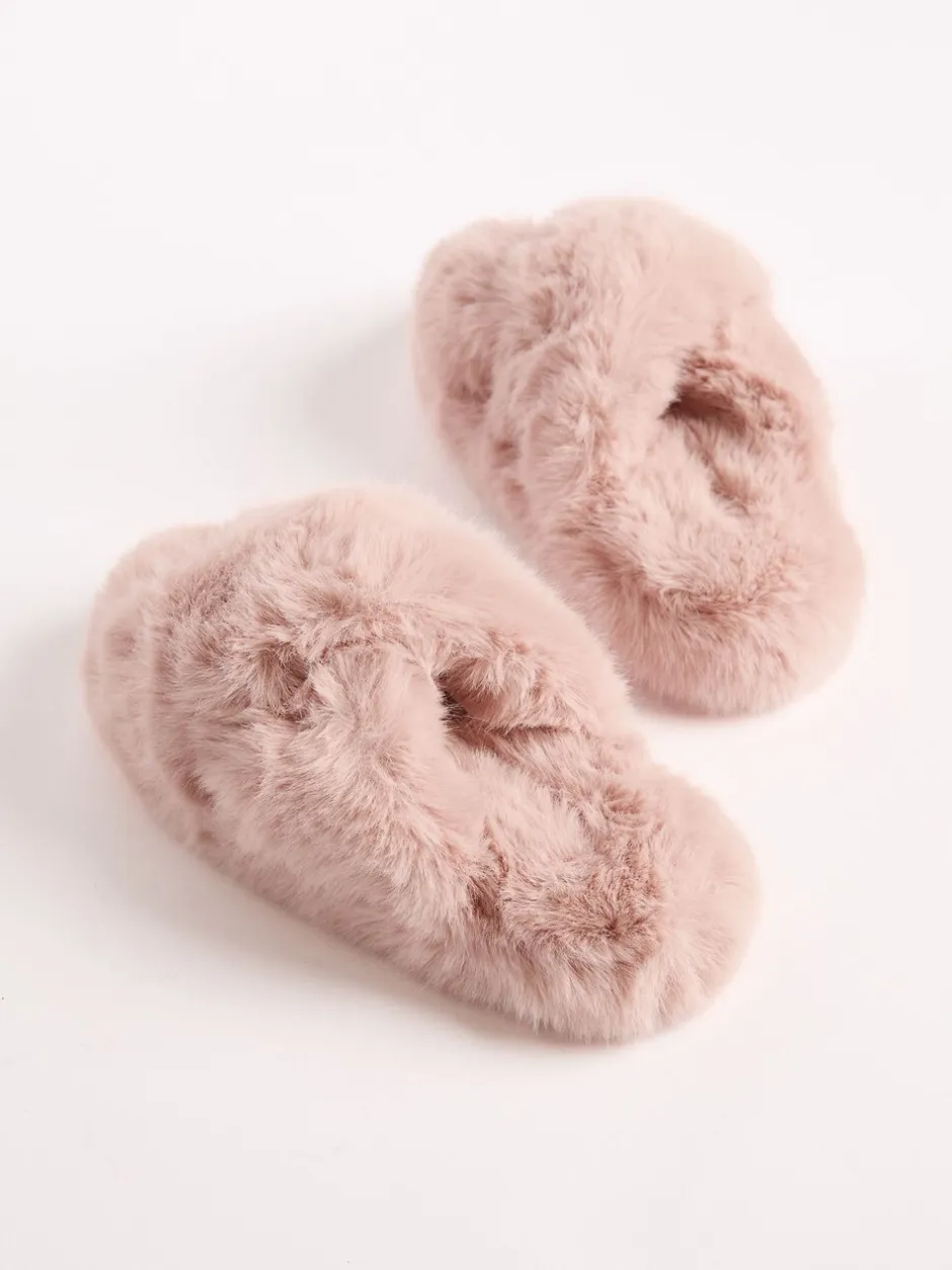 Pantoffels|Lipsy - pantoffels van imitatiebont met gekruiste banden Roze