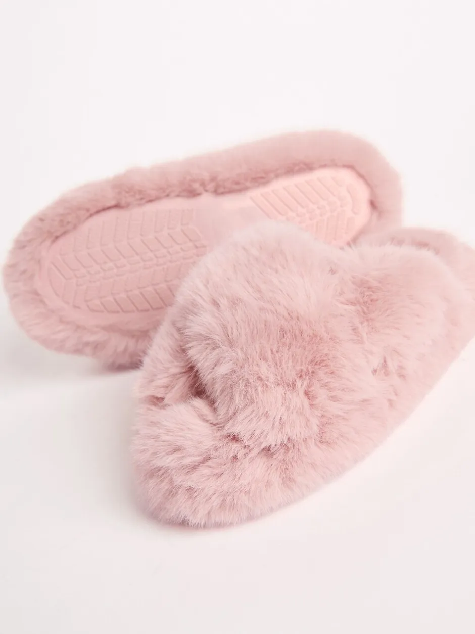 Pantoffels|Lipsy - pantoffels van imitatiebont met gekruiste banden Roze