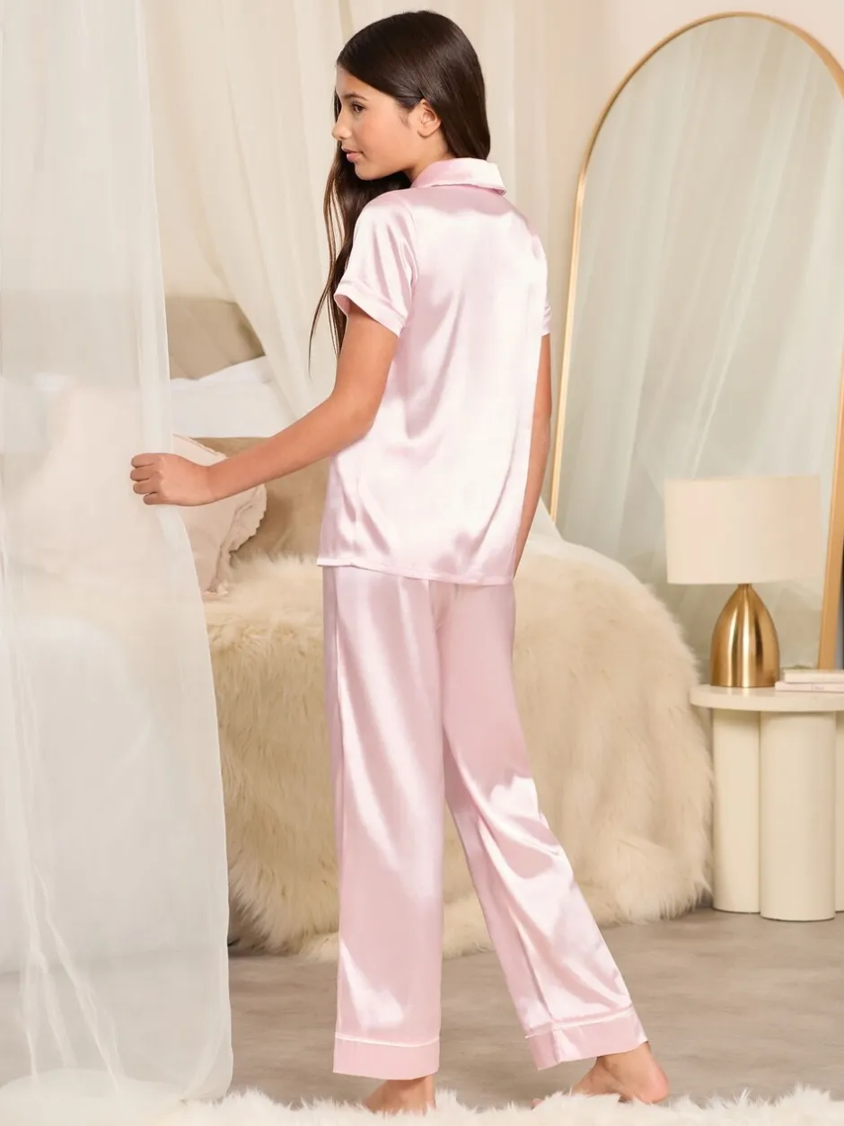 Nachtkleding En Pyjama's|Pyjama's*Lipsy Roze - satijnen hemd en pyjamaset met lange pijpen (5-16jaar)