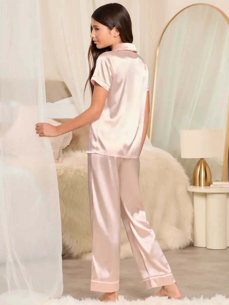 Nachtkleding En Pyjama's|Pyjama's*Lipsy Roze - satijnen hemd en pyjamaset met lange pijpen (5-16jaar)